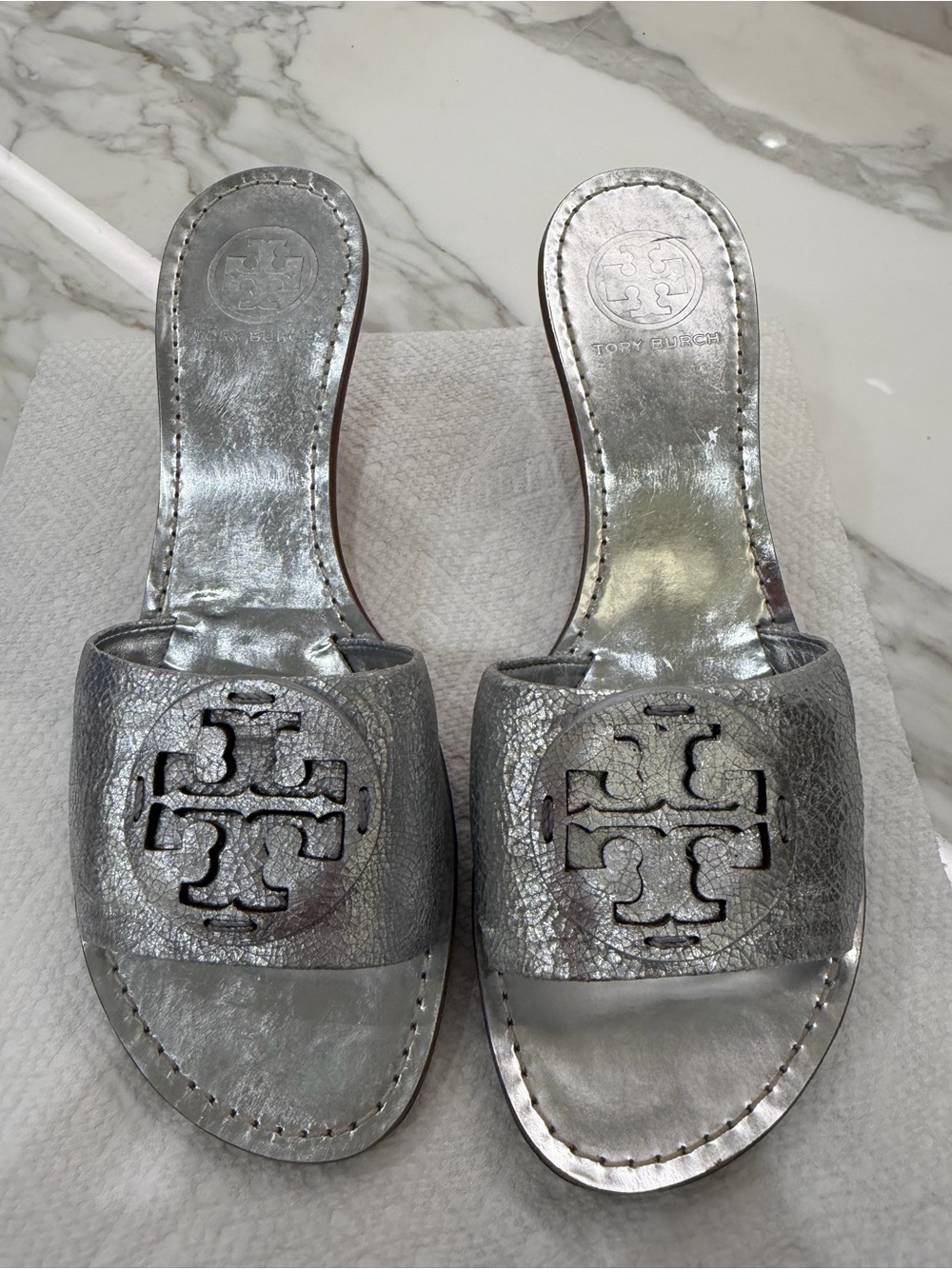 Tory Burch Metallic Silver Slide heels with Logo Cutout